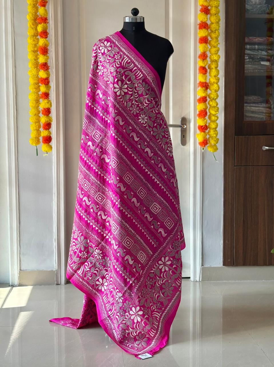Rani Pink Kantha Stitch Hand Embroidary Full Work Pure Banglore Silk Dupatta. (With Silk Mark)