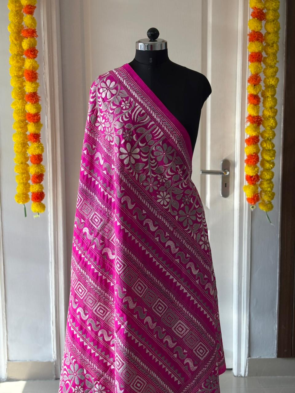 Rani Pink Kantha Stitch Hand Embroidary Full Work Pure Banglore Silk Dupatta. (With Silk Mark)
