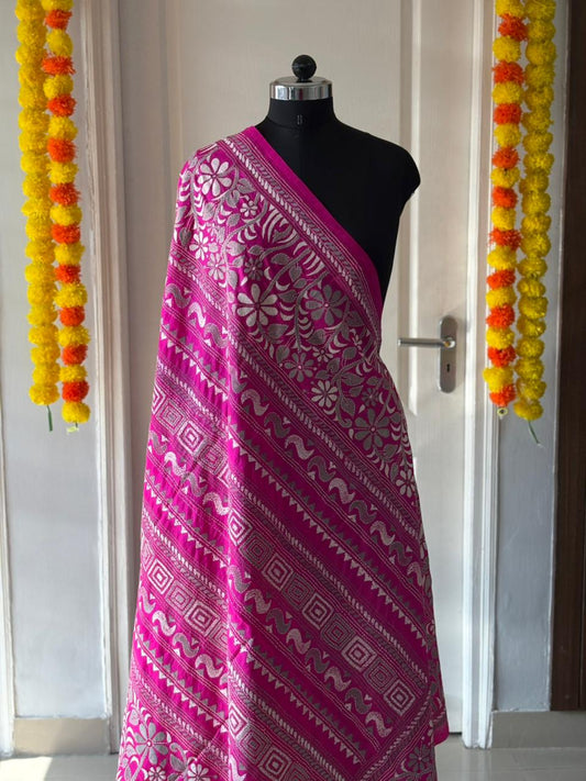 Rani Pink Kantha Stitch Hand Embroidary Full Work Pure Banglore Silk Dupatta. (With Silk Mark)