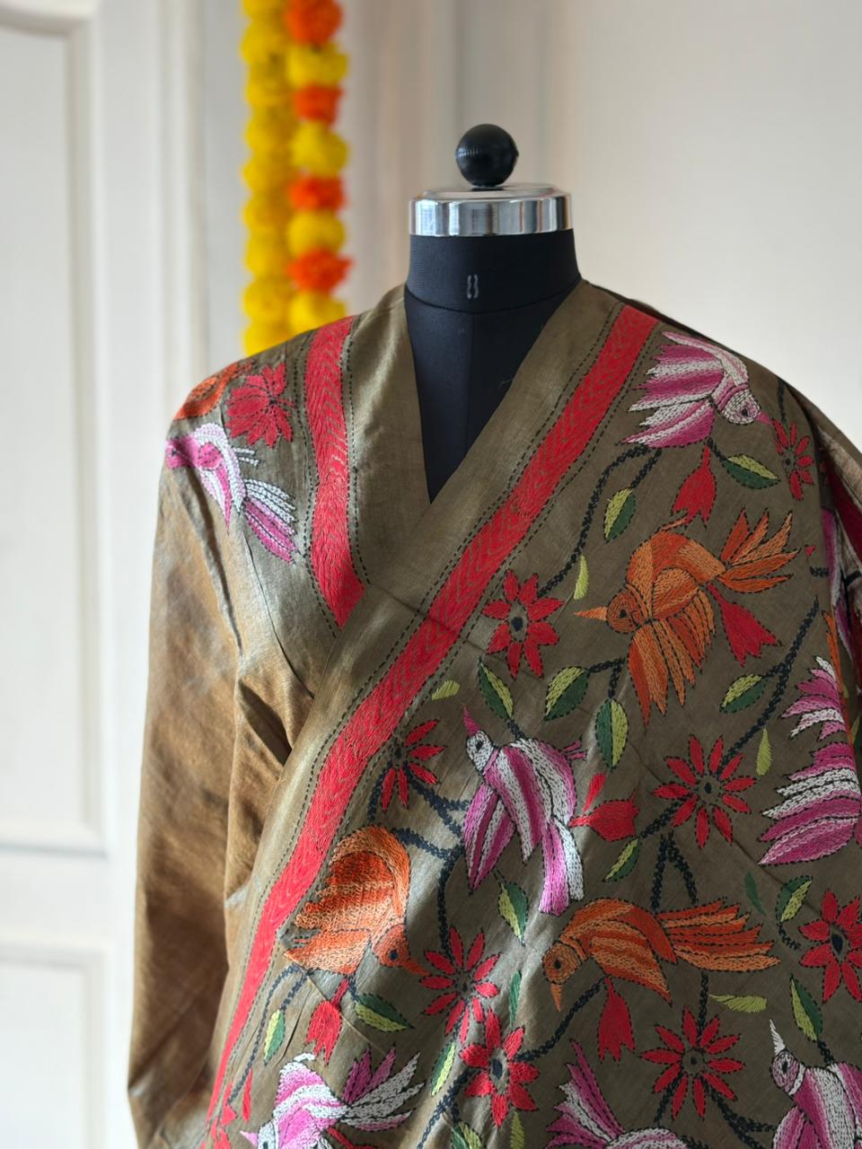 Kantha Stitch Hand Embroidered Pure Gachi by Gachi Tussar Silk Saree (Silk Marked)