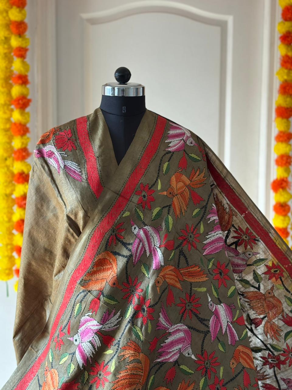 Kantha Stitch Hand Embroidered Pure Gachi by Gachi Tussar Silk Saree (Silk Marked)