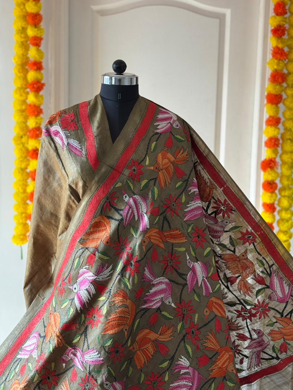 Kantha Stitch Hand Embroidered Pure Gachi by Gachi Tussar Silk Saree (Silk Marked)