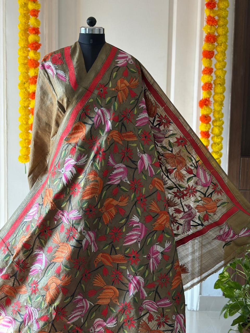 Kantha Stitch Hand Embroidered Pure Gachi by Gachi Tussar Silk Saree (Silk Marked)