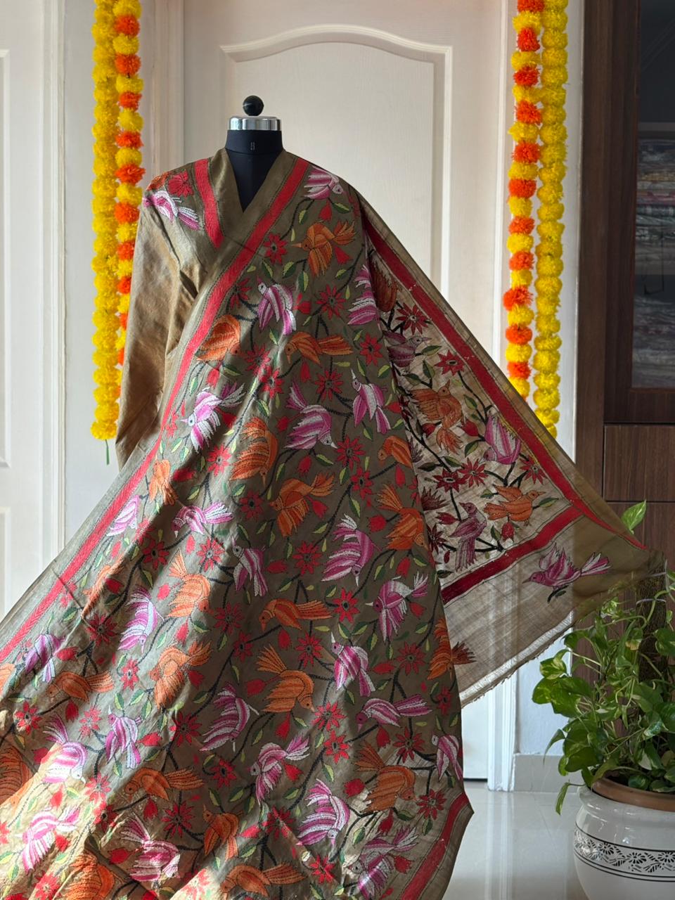 Kantha Stitch Hand Embroidered Pure Gachi by Gachi Tussar Silk Saree (Silk Marked)