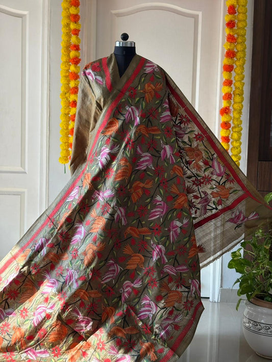 Kantha Stitch Hand Embroidered Pure Gachi by Gachi Tussar Silk Saree (Silk Marked)