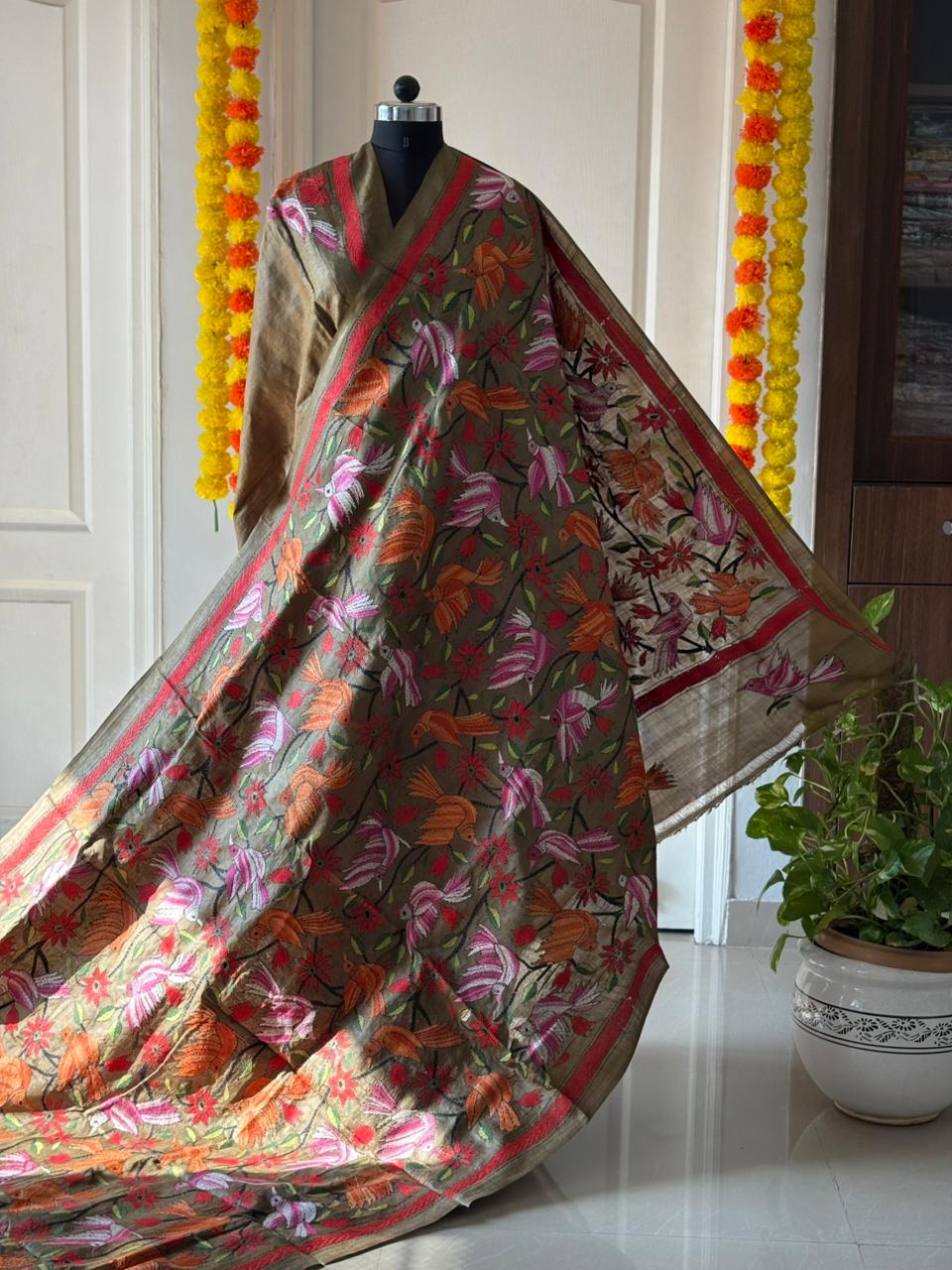 Kantha Stitch Hand Embroidered Pure Gachi by Gachi Tussar Silk Saree (Silk Marked)