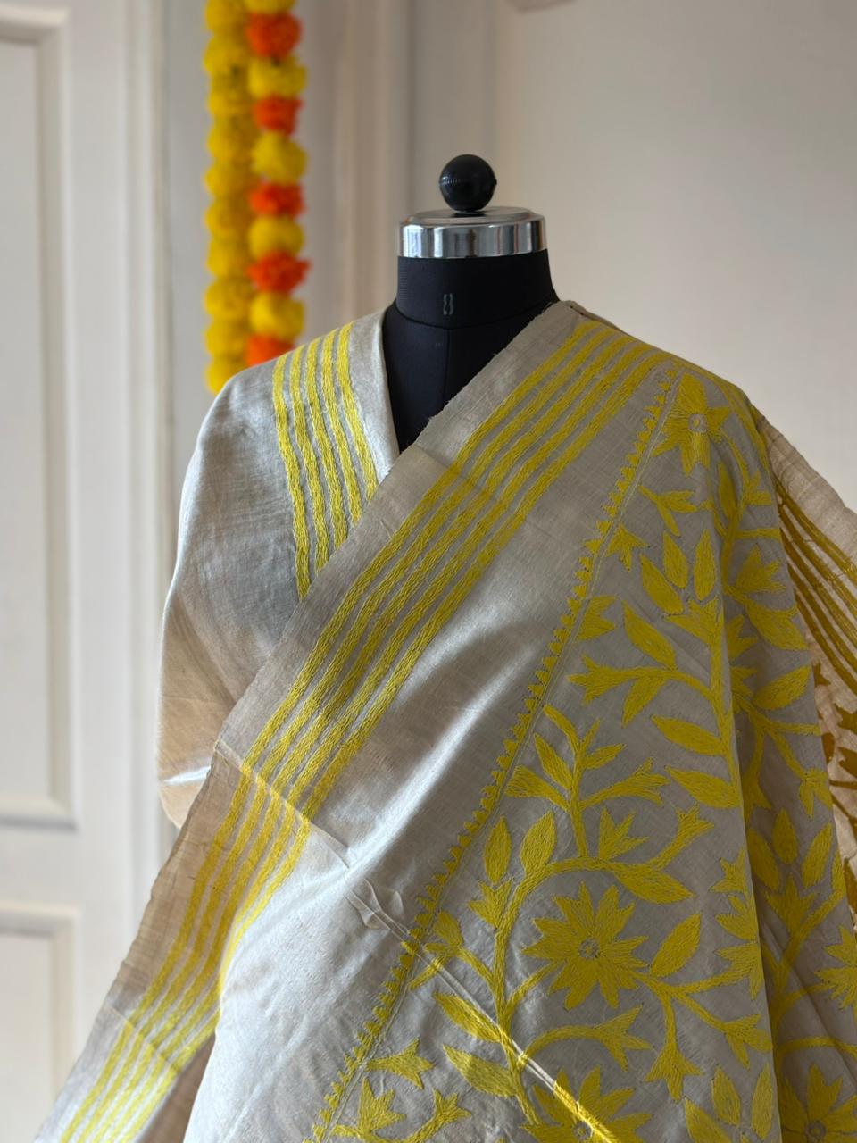 Kantha Stitch Hand Embroidered Pure Gachi by Gachi Tussar Silk Saree (Silk Marked)