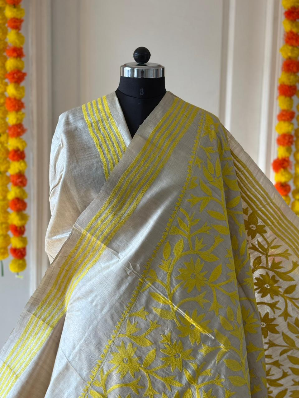 Kantha Stitch Hand Embroidered Pure Gachi by Gachi Tussar Silk Saree (Silk Marked)