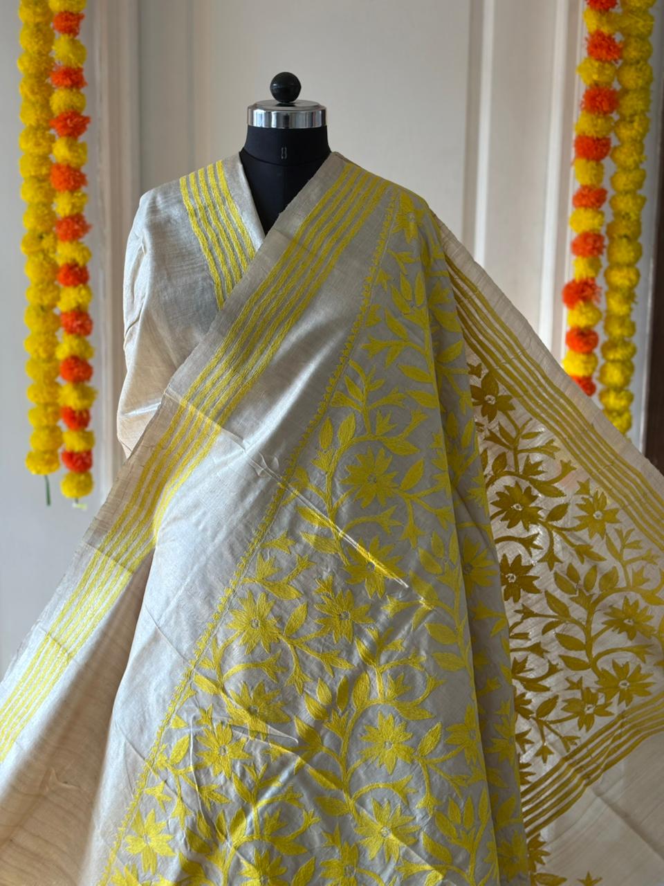 Kantha Stitch Hand Embroidered Pure Gachi by Gachi Tussar Silk Saree (Silk Marked)