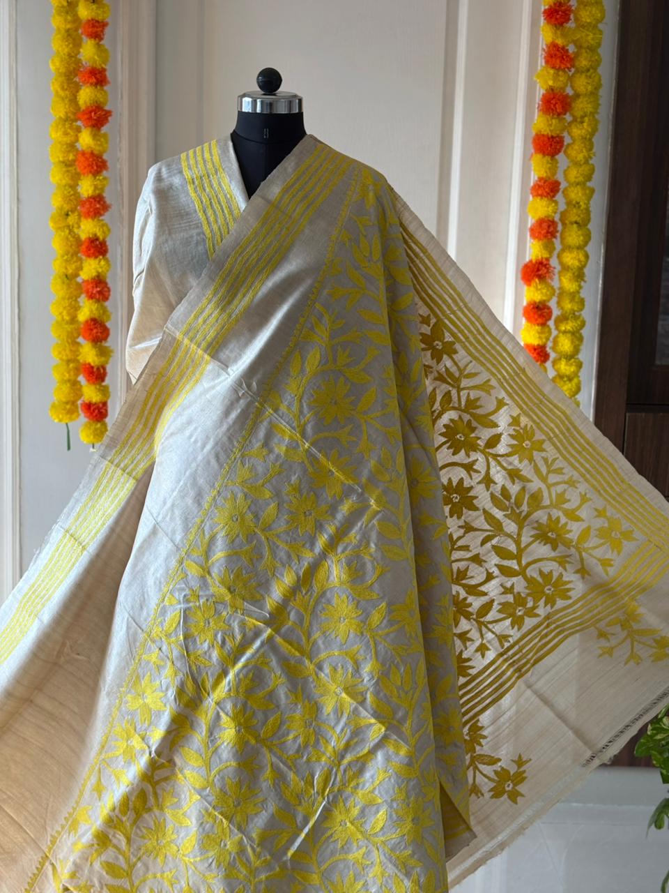 Kantha Stitch Hand Embroidered Pure Gachi by Gachi Tussar Silk Saree (Silk Marked)