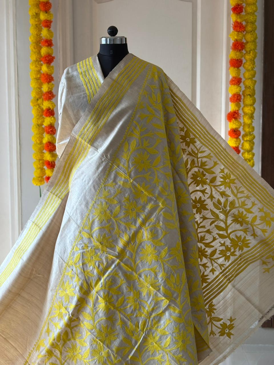 Kantha Stitch Hand Embroidered Pure Gachi by Gachi Tussar Silk Saree (Silk Marked)