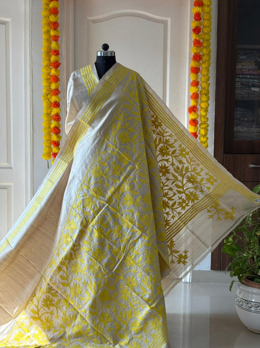 Kantha Stitch Hand Embroidered Pure Gachi by Gachi Tussar Silk Saree (Silk Marked)