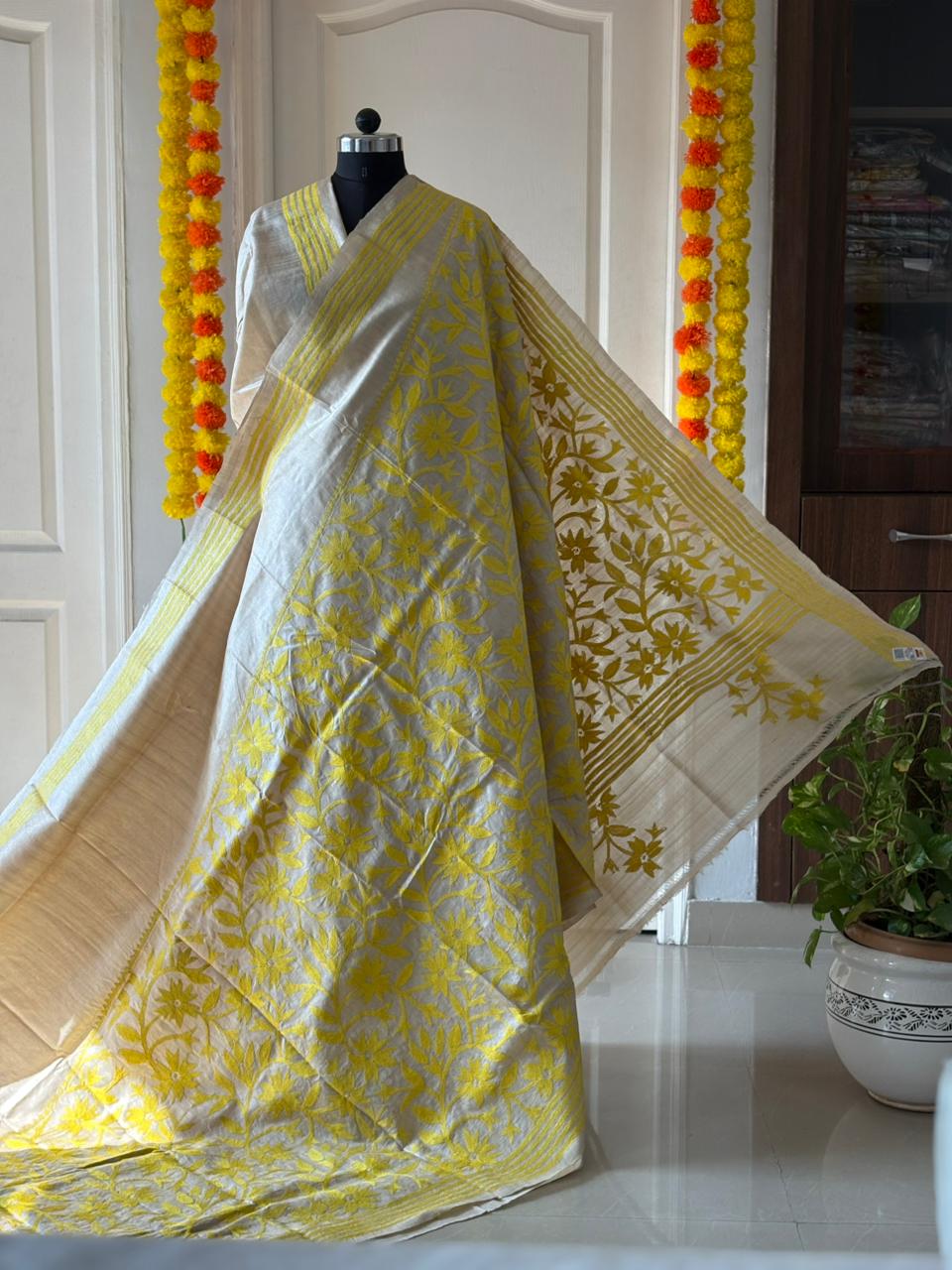 Kantha Stitch Hand Embroidered Pure Gachi by Gachi Tussar Silk Saree (Silk Marked)