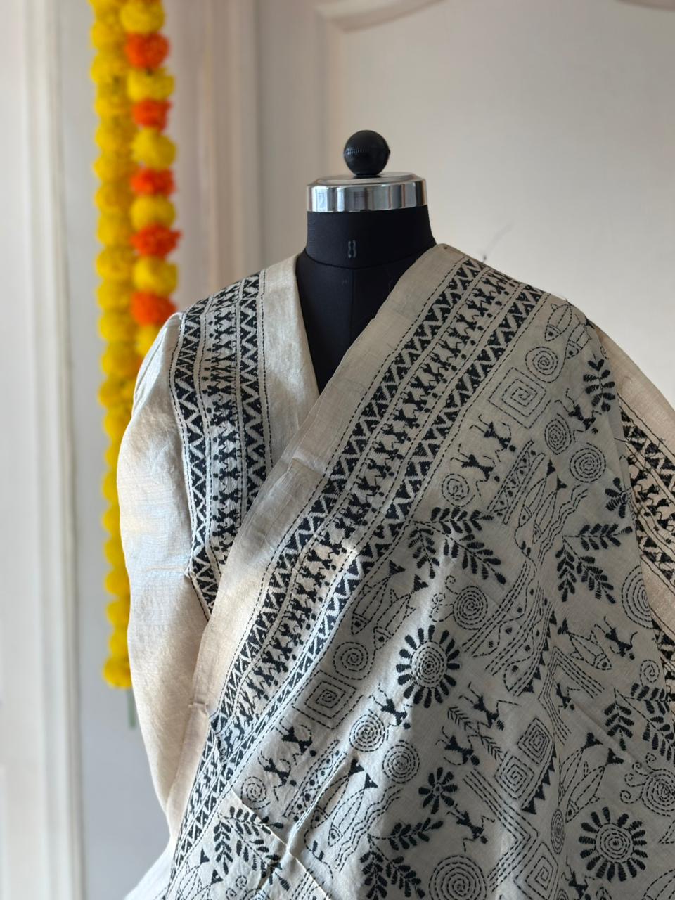 Kantha Stitch Hand Embroidered Pure Gachi by Gachi Tussar Silk Saree (Silk Marked)