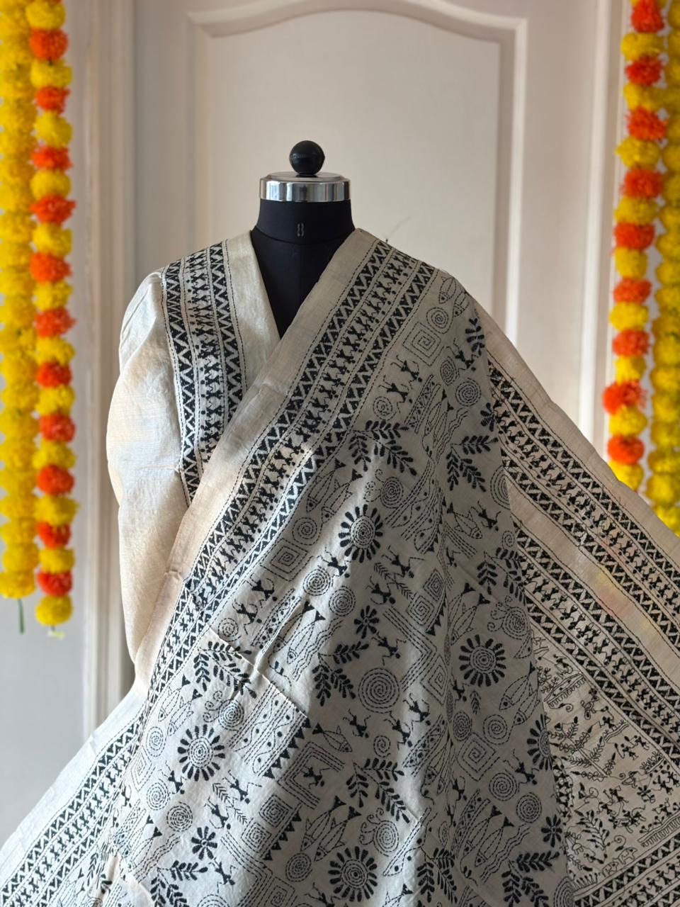 Kantha Stitch Hand Embroidered Pure Gachi by Gachi Tussar Silk Saree (Silk Marked)