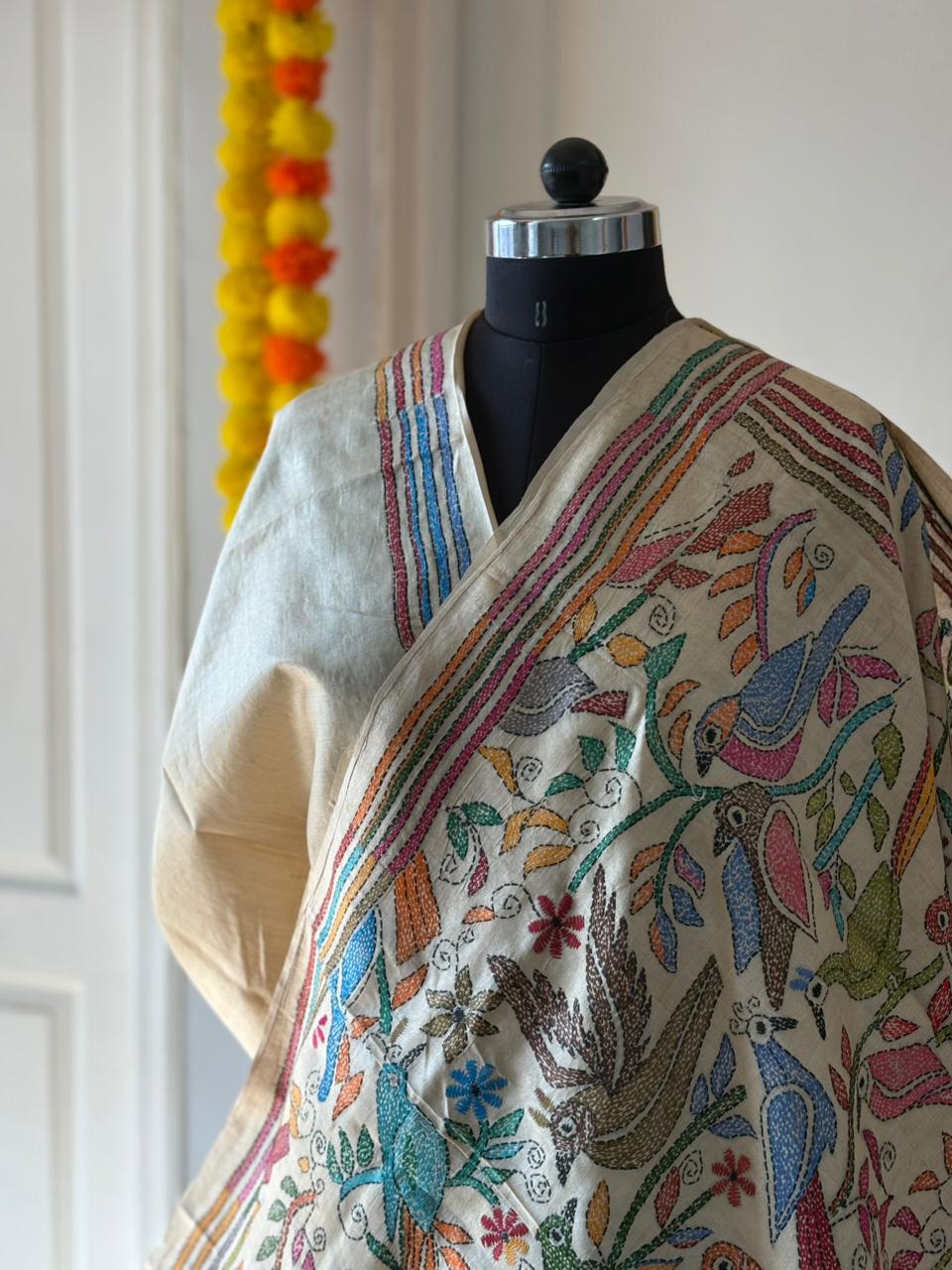 Kantha Stitch Hand Embroidered Pure Gachi by Gachi Tussar Silk Saree (Silk Marked)