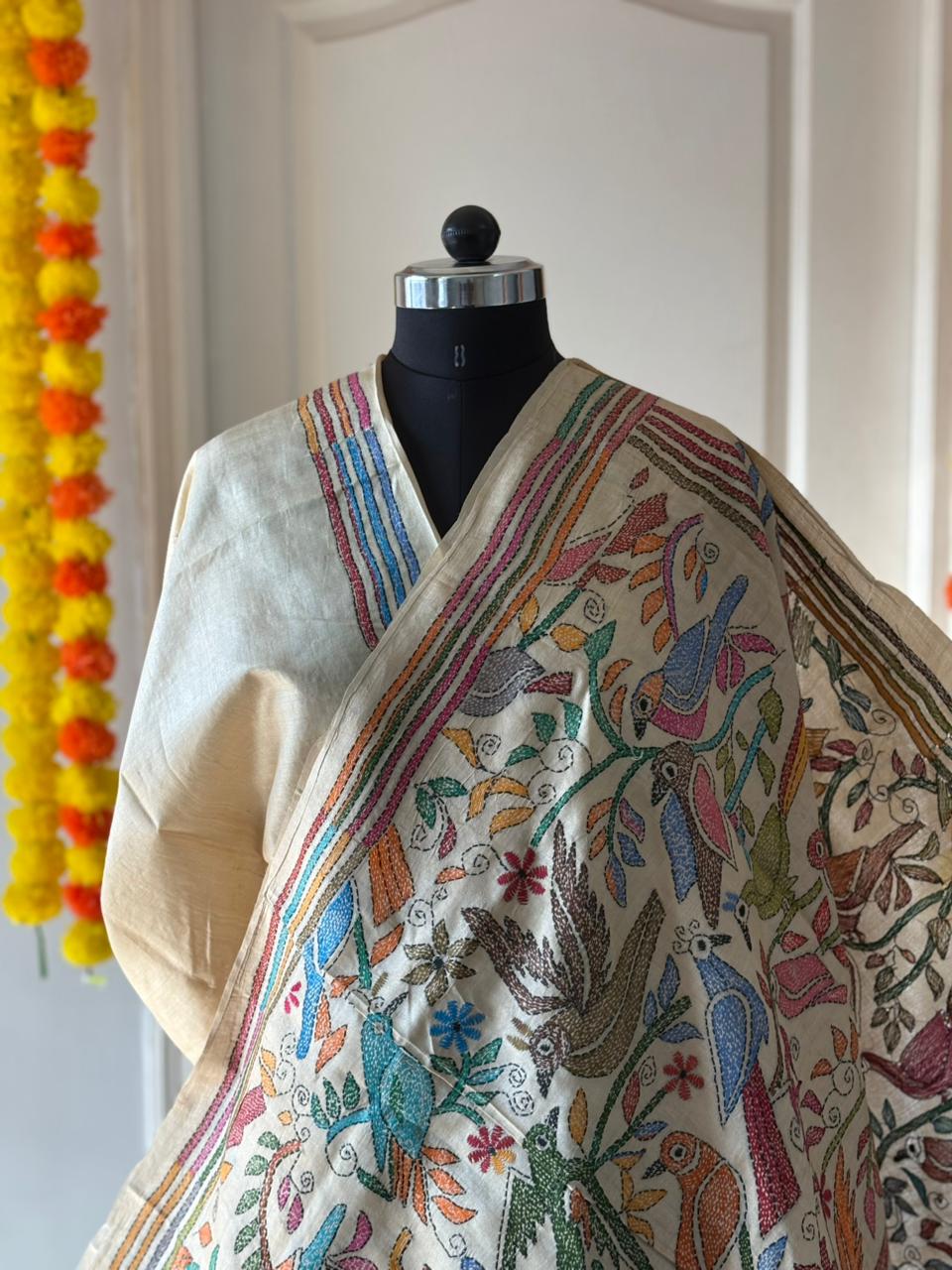 Kantha Stitch Hand Embroidered Pure Gachi by Gachi Tussar Silk Saree (Silk Marked)