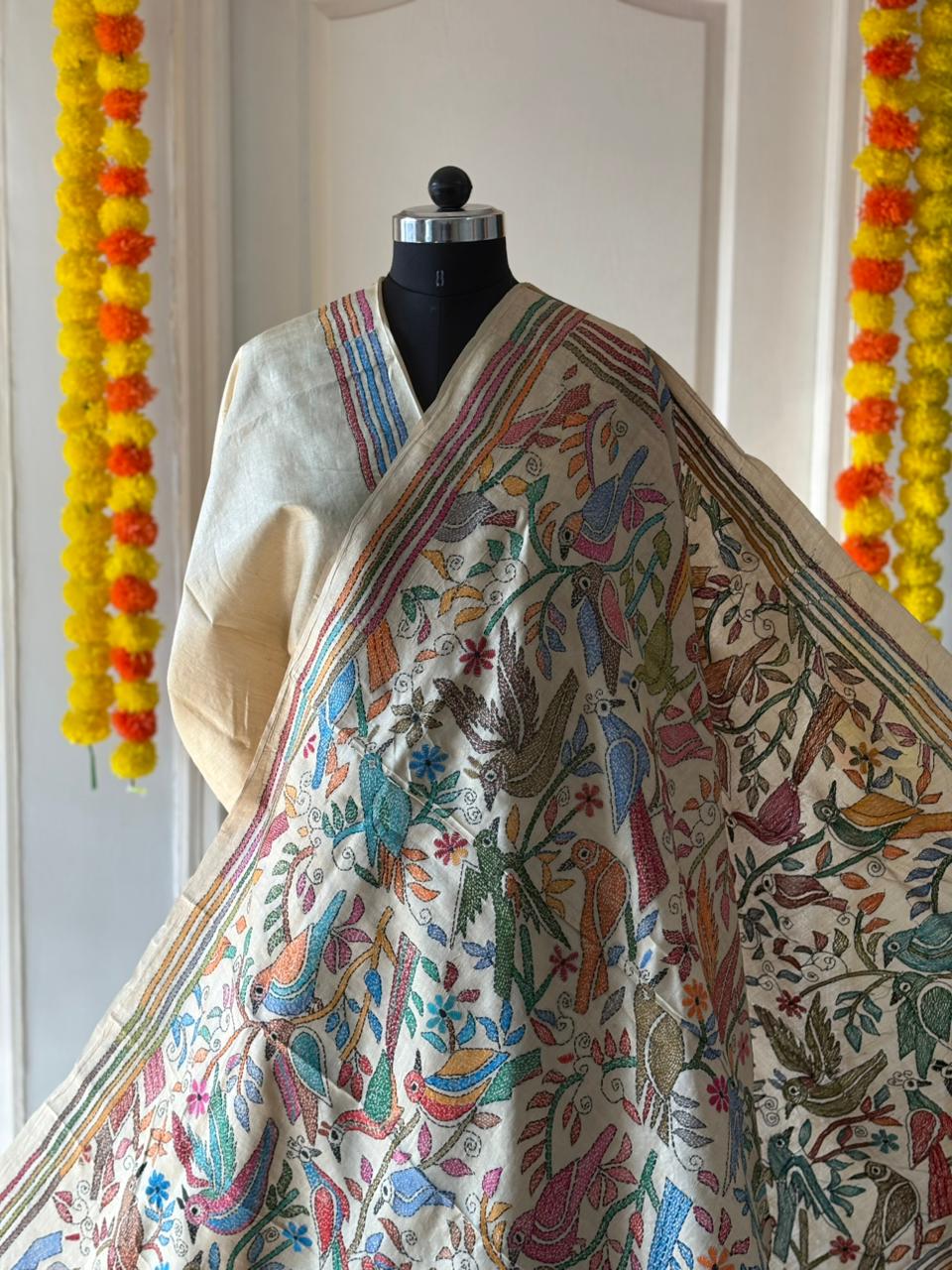 Kantha Stitch Hand Embroidered Pure Gachi by Gachi Tussar Silk Saree (Silk Marked)