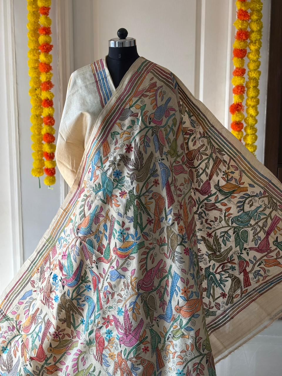 Kantha Stitch Hand Embroidered Pure Gachi by Gachi Tussar Silk Saree (Silk Marked)