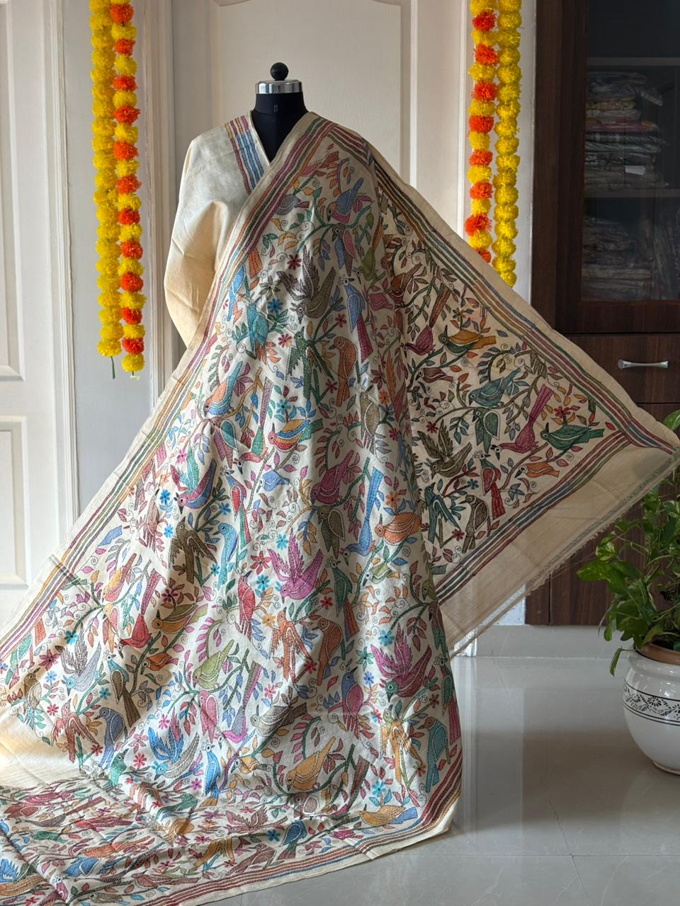 Kantha Stitch Hand Embroidered Pure Gachi by Gachi Tussar Silk Saree (Silk Marked)
