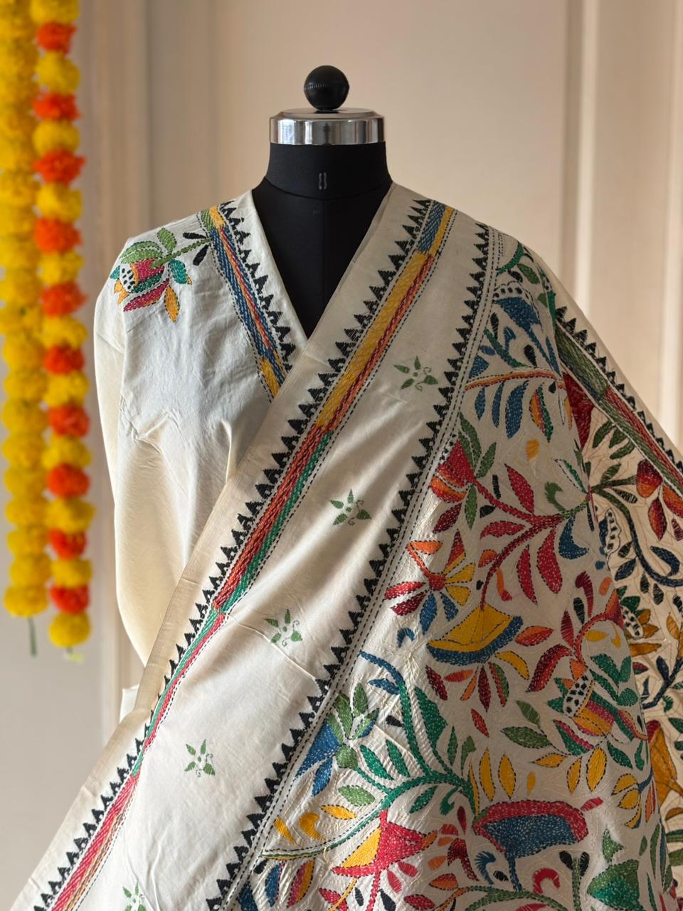 Kantha Stitch Hand Embroidered Pure Gachi by Gachi Tussar Silk Saree (Silk Marked)