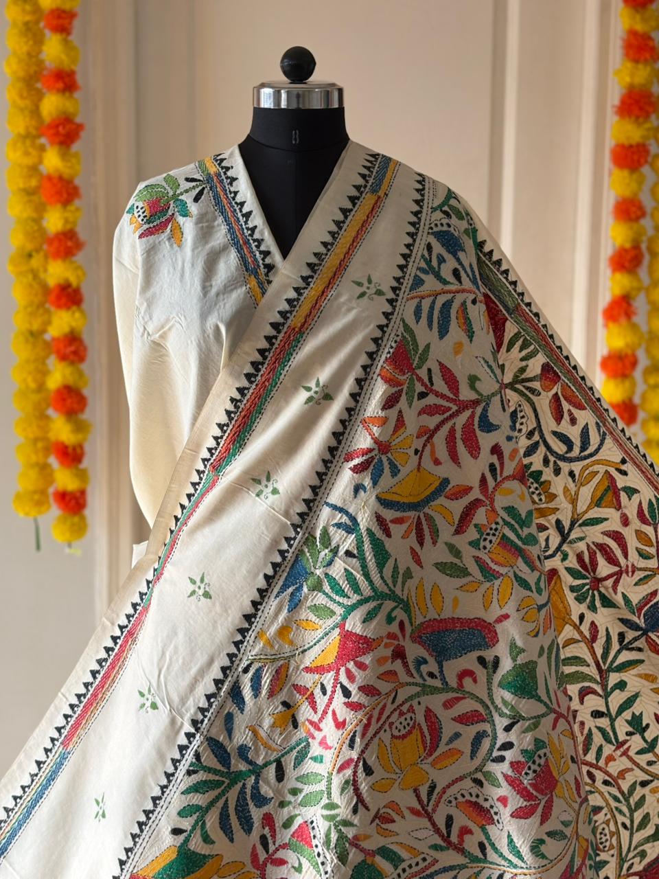 Kantha Stitch Hand Embroidered Pure Gachi by Gachi Tussar Silk Saree (Silk Marked)