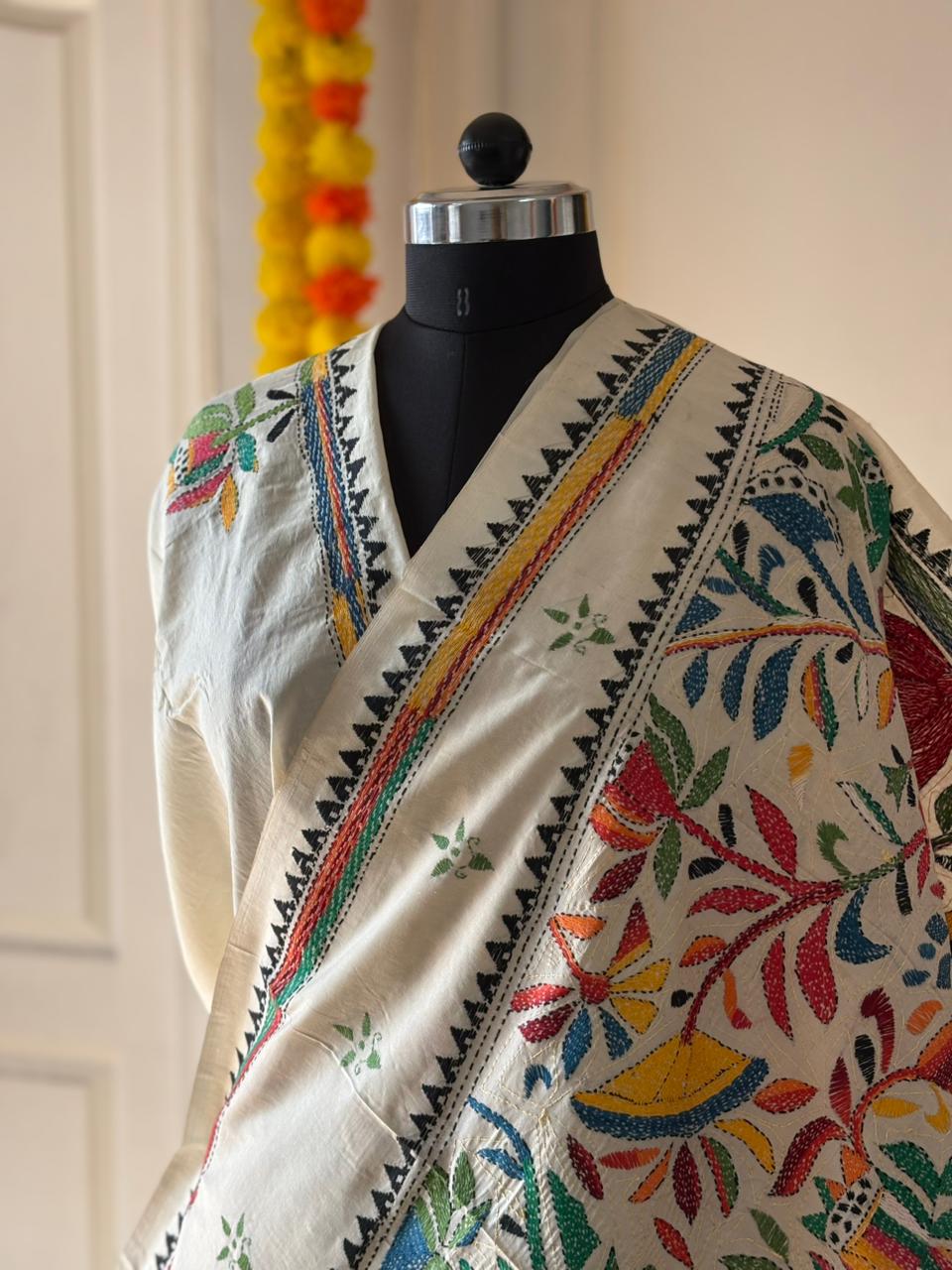 Kantha Stitch Hand Embroidered Pure Gachi by Gachi Tussar Silk Saree (Silk Marked)