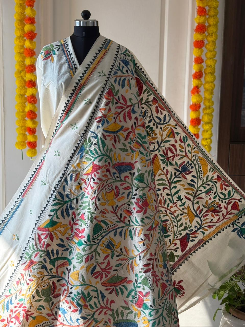 Kantha Stitch Hand Embroidered Pure Gachi by Gachi Tussar Silk Saree (Silk Marked)