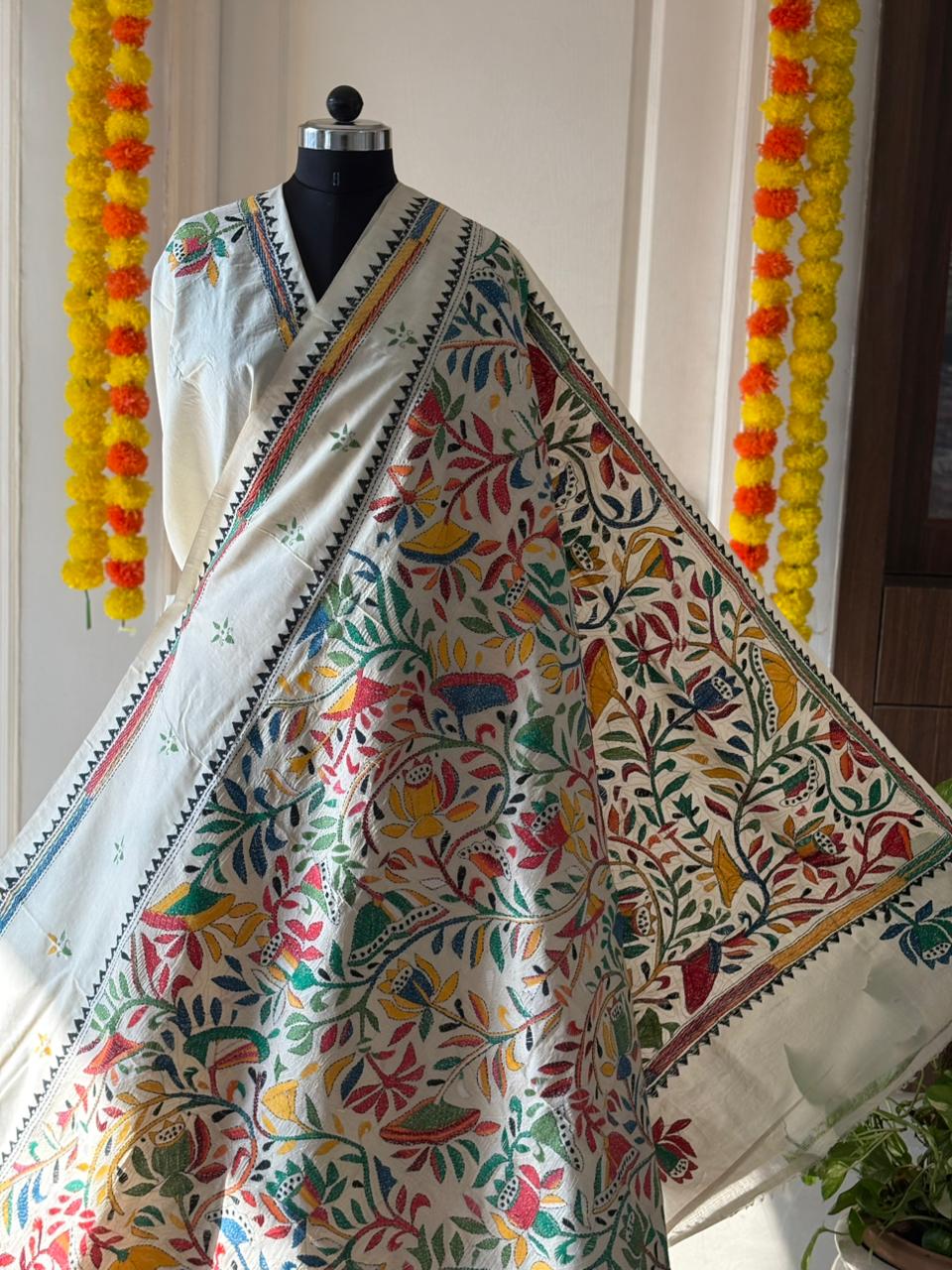 Kantha Stitch Hand Embroidered Pure Gachi by Gachi Tussar Silk Saree (Silk Marked)