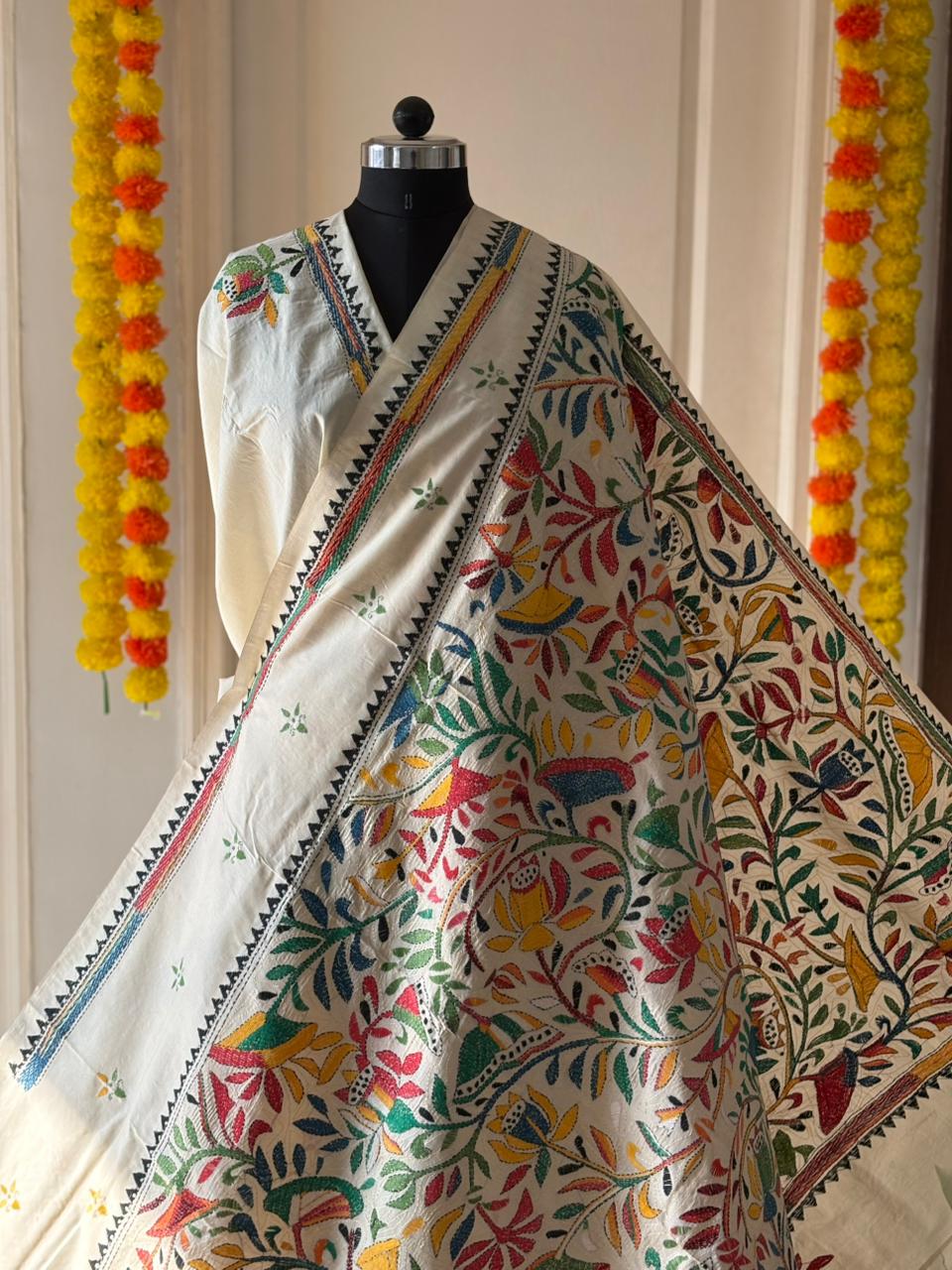 Kantha Stitch Hand Embroidered Pure Gachi by Gachi Tussar Silk Saree (Silk Marked)