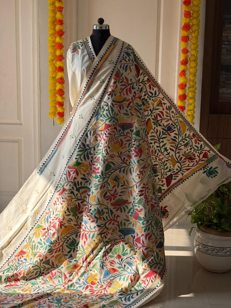Kantha Stitch Hand Embroidered Pure Gachi by Gachi Tussar Silk Saree (Silk Marked)