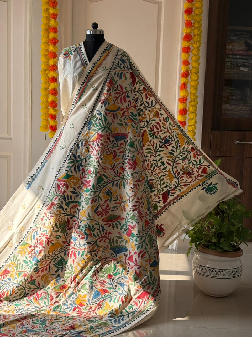 Kantha Stitch Hand Embroidered Pure Gachi by Gachi Tussar Silk Saree (Silk Marked)