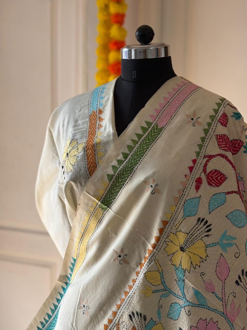 Kantha Stitch Hand Embroidered Pure Gachi by Gachi Tussar Silk Saree (Silk Marked)