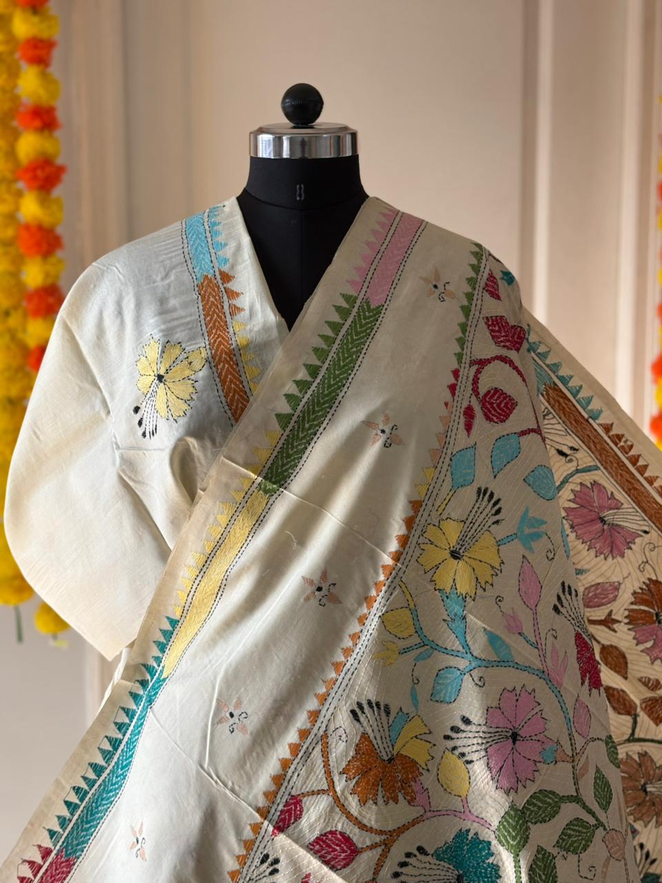 Kantha Stitch Hand Embroidered Pure Gachi by Gachi Tussar Silk Saree (Silk Marked)