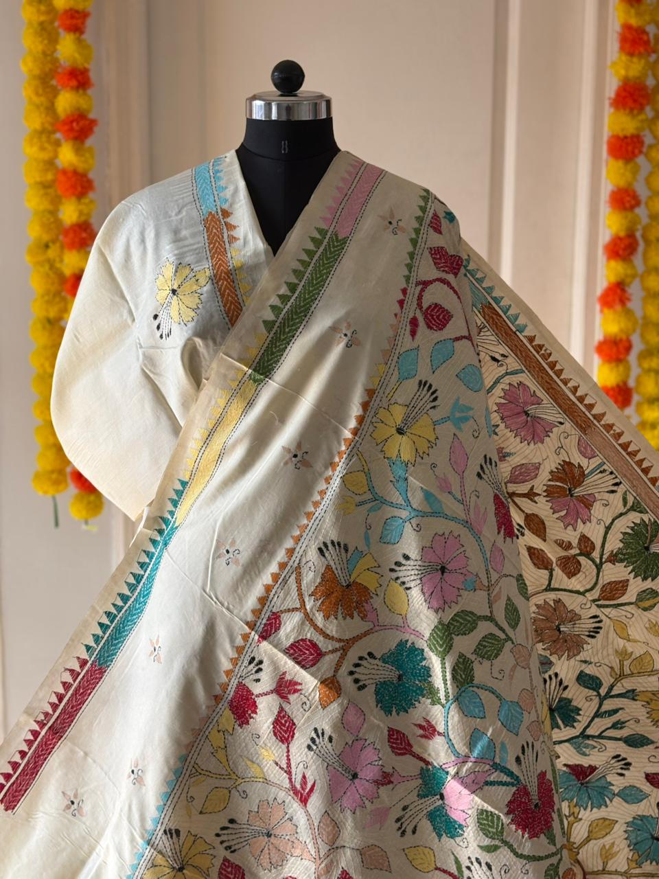 Kantha Stitch Hand Embroidered Pure Gachi by Gachi Tussar Silk Saree (Silk Marked)