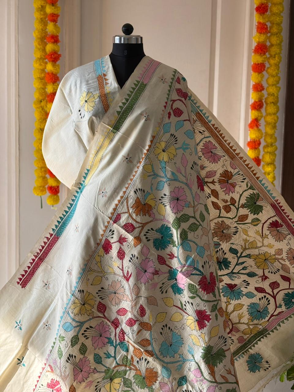 Kantha Stitch Hand Embroidered Pure Gachi by Gachi Tussar Silk Saree (Silk Marked)