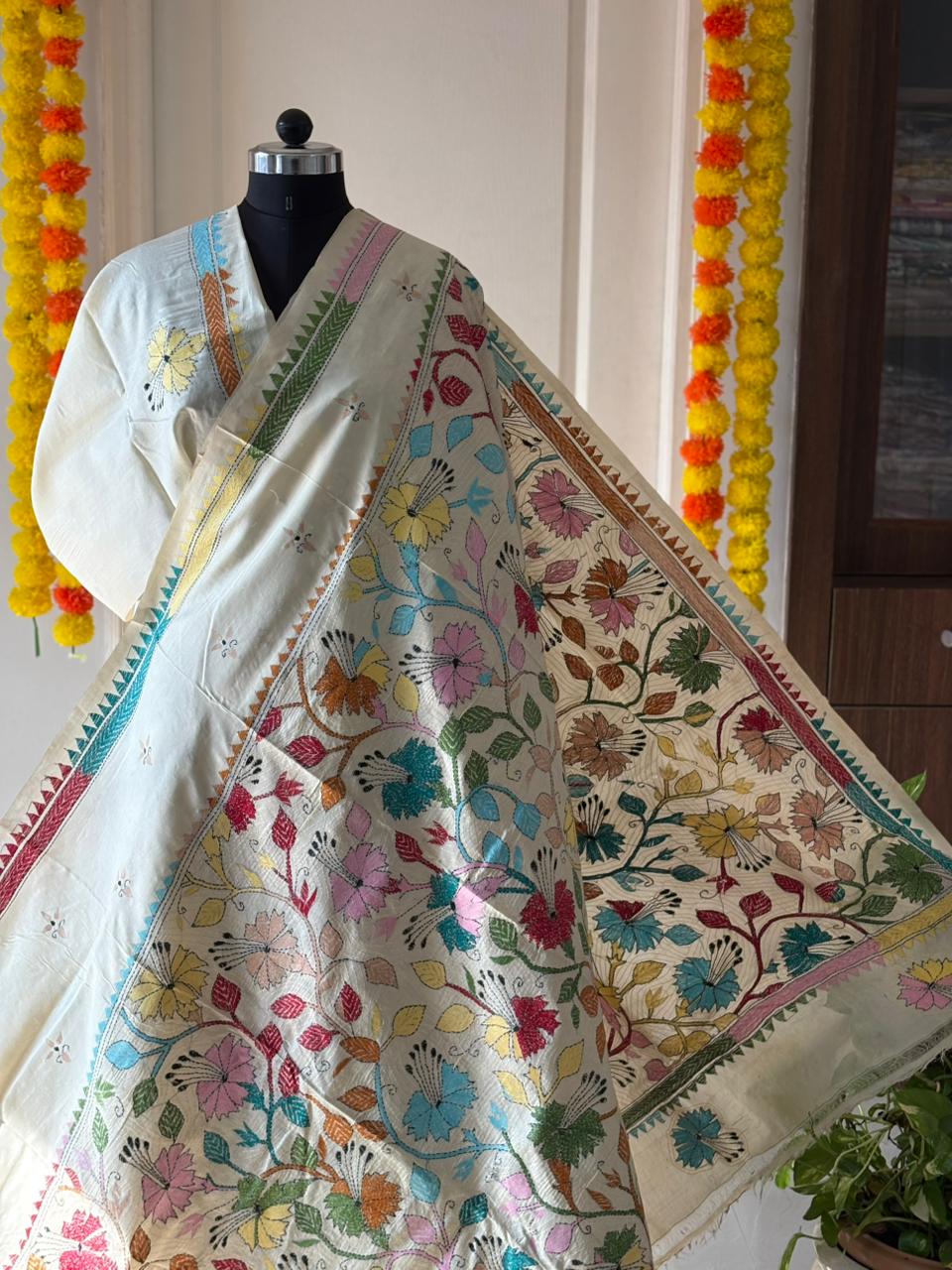 Kantha Stitch Hand Embroidered Pure Gachi by Gachi Tussar Silk Saree (Silk Marked)