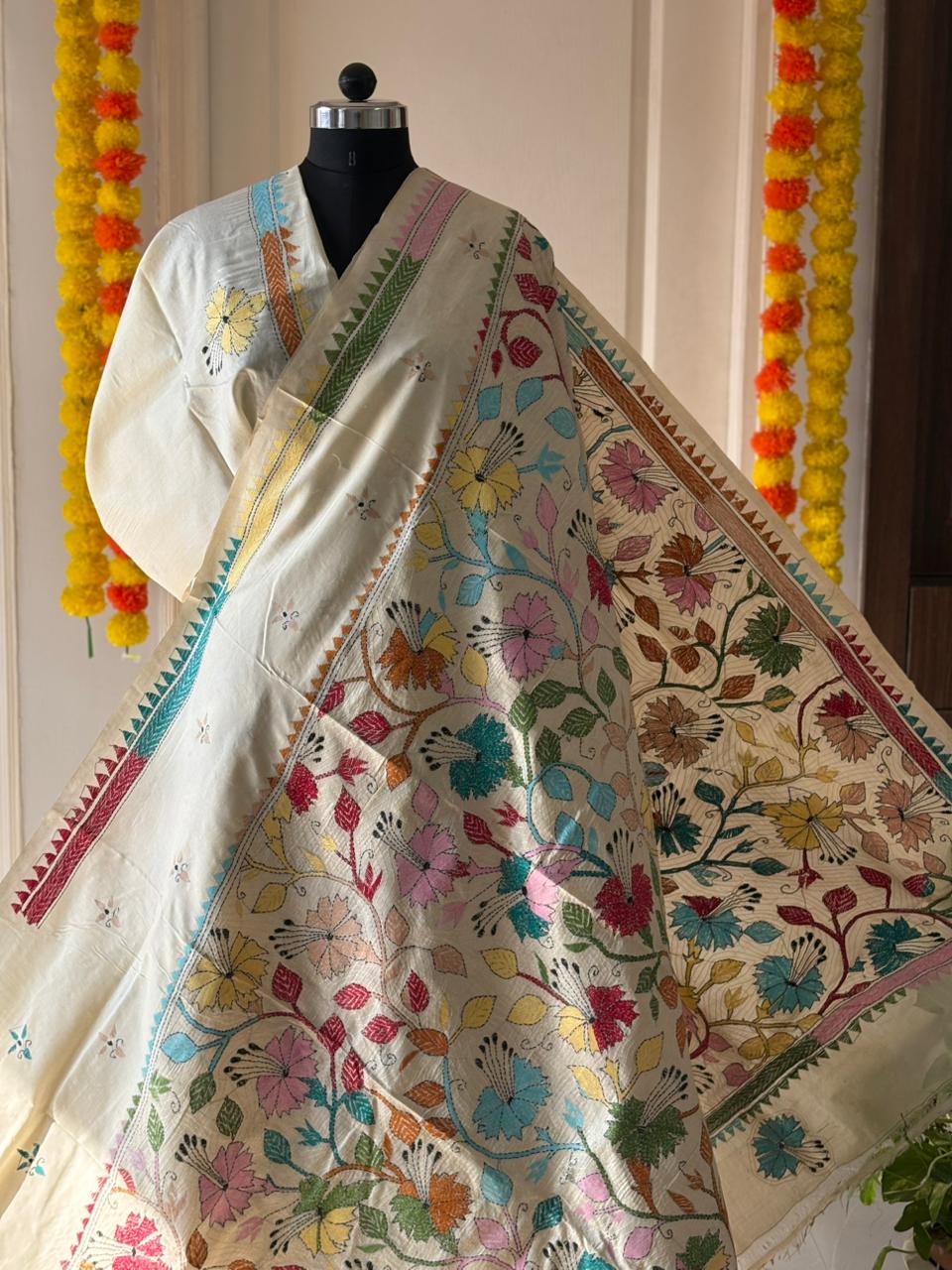 Kantha Stitch Hand Embroidered Pure Gachi by Gachi Tussar Silk Saree (Silk Marked)