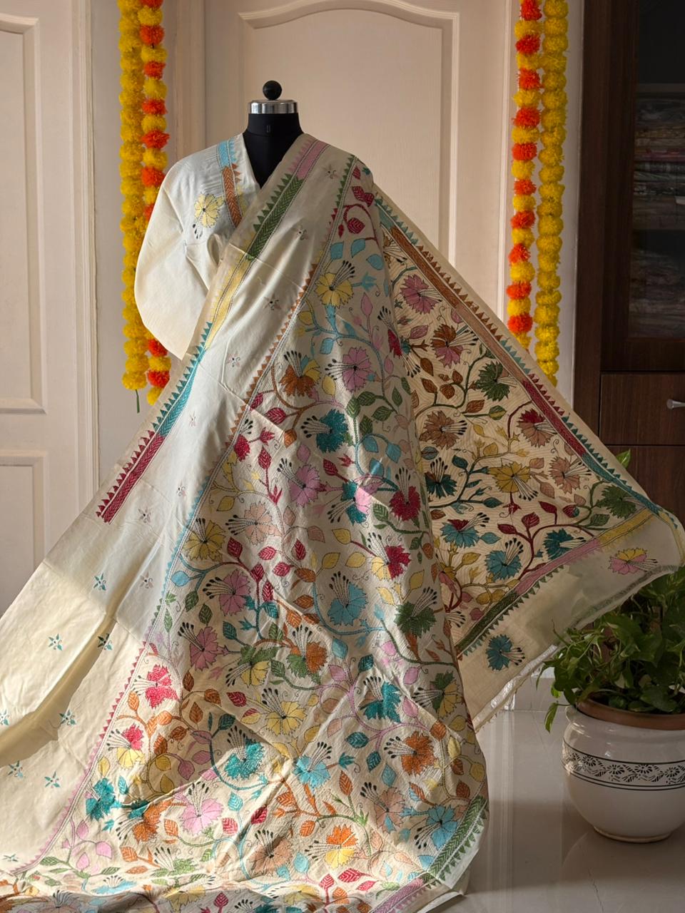 Kantha Stitch Hand Embroidered Pure Gachi by Gachi Tussar Silk Saree (Silk Marked)