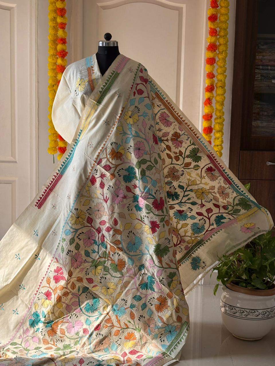 Kantha Stitch Hand Embroidered Pure Gachi by Gachi Tussar Silk Saree (Silk Marked)