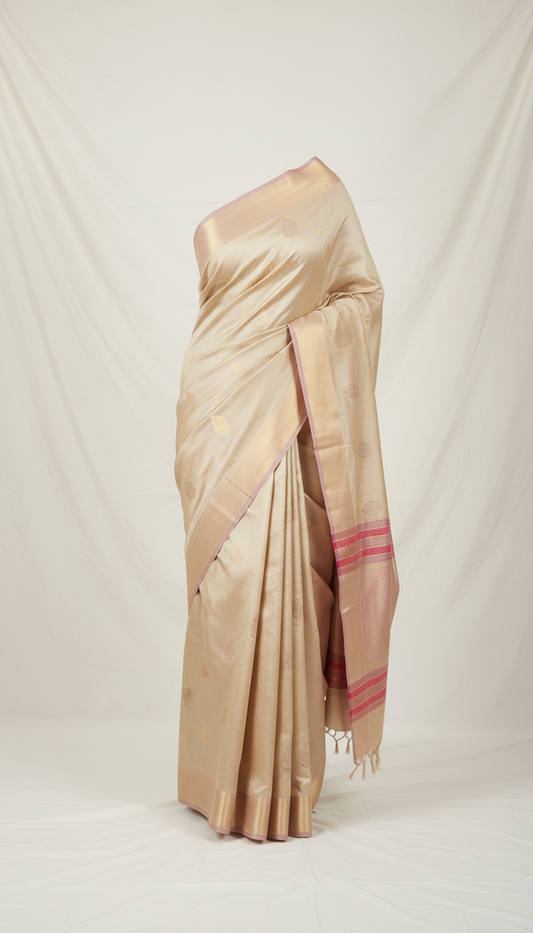 Champagne beige silk drape saree