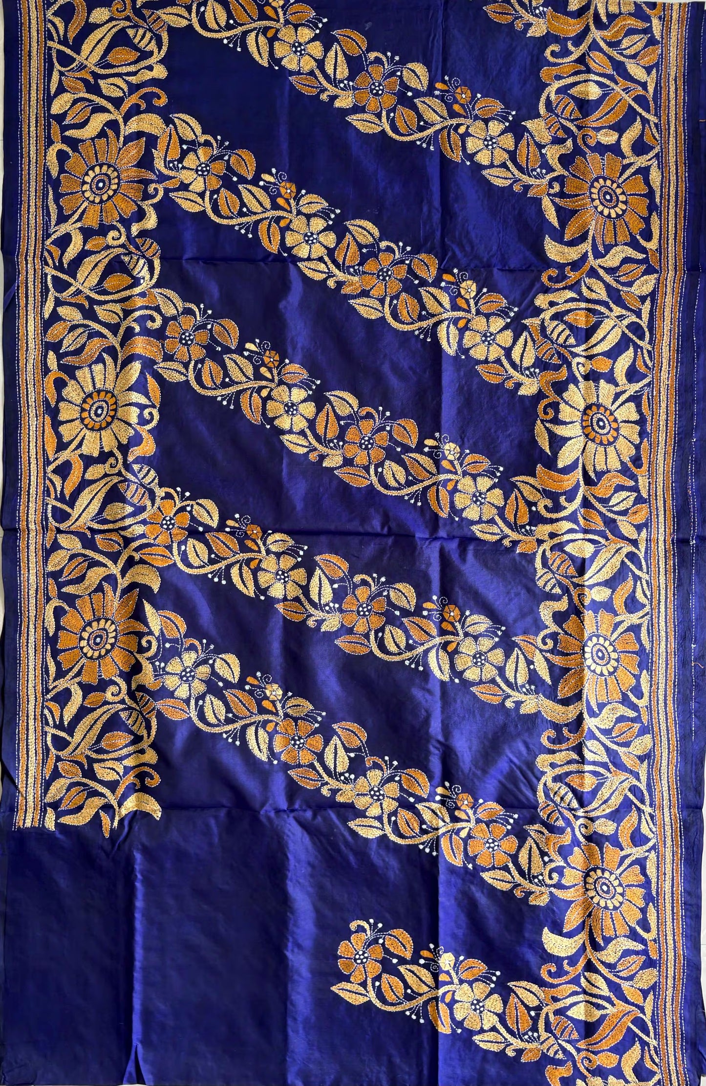 Kantha Hand Embroidered Pure Bangalore Silk Saree (Silk Marked)