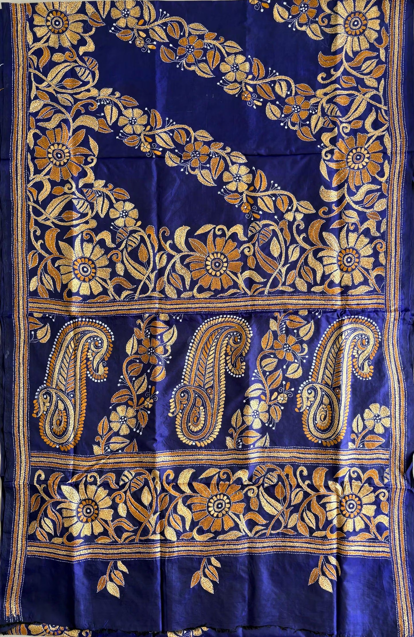 Kantha Hand Embroidered Pure Bangalore Silk Saree (Silk Marked)