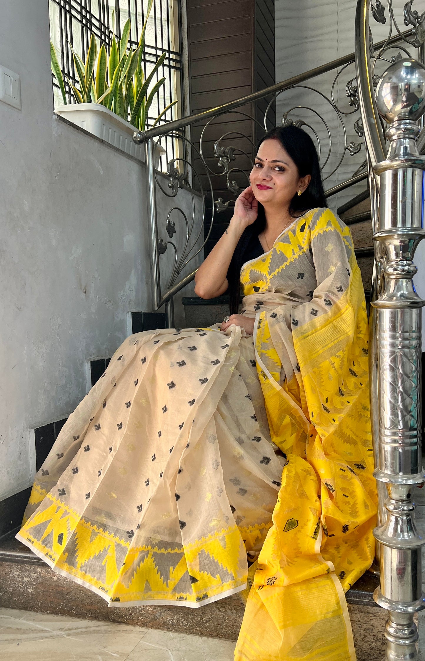 Light Brown & Yellow Soft Dhakai/Jamdani Saree